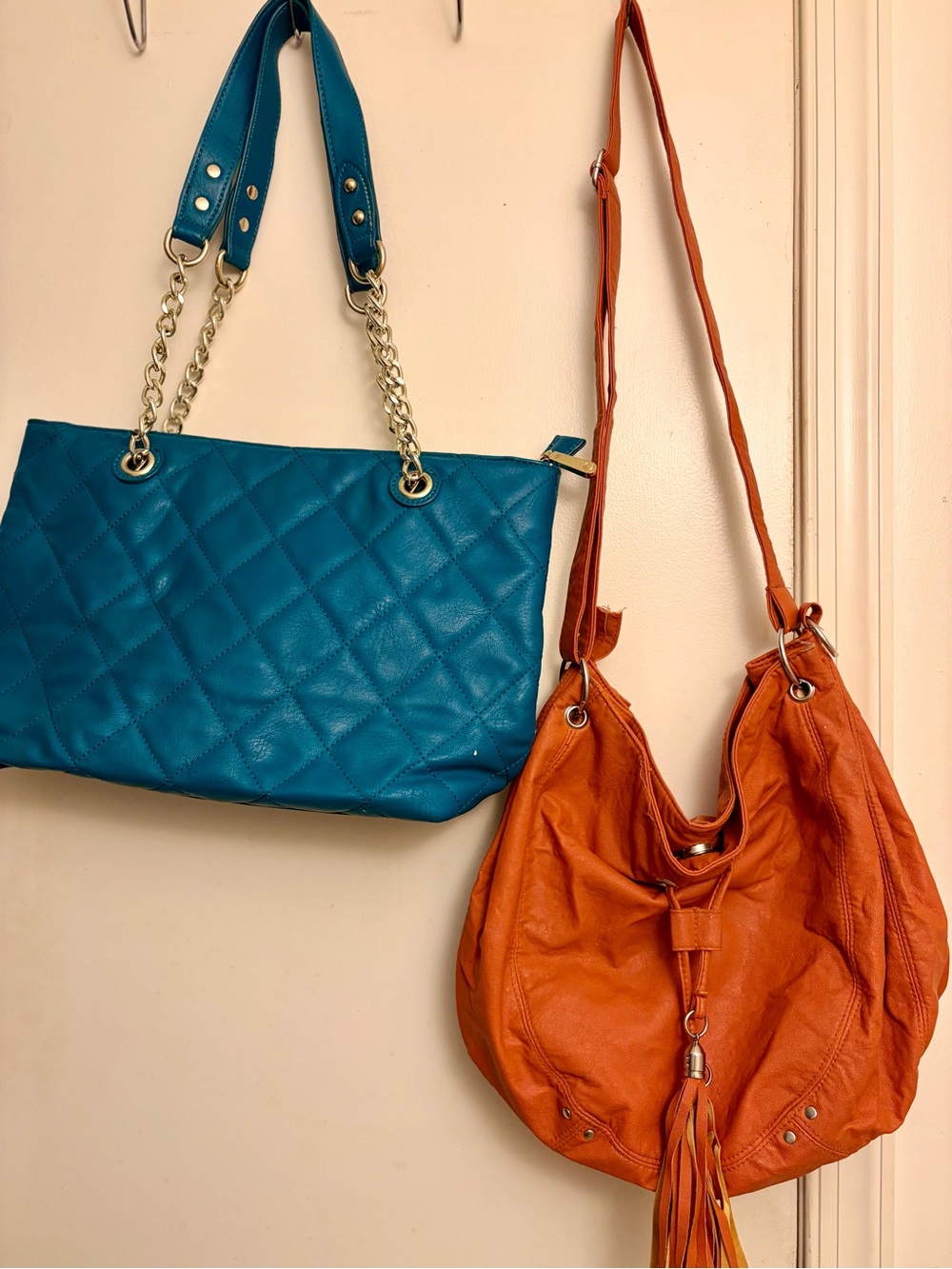 Teal Quilted Tote & Orange Tassel Hobo Bag - Set
